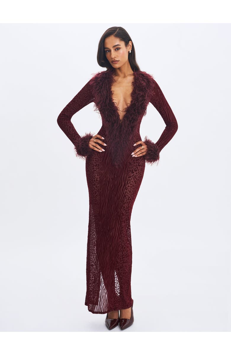 Miss Circle Luana Plunging Fur Trimmed Crochet Maxi Dress, Main, color, Burgundy