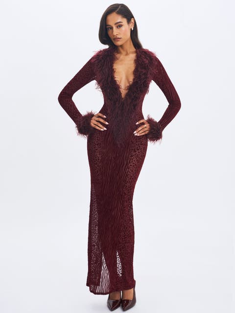 Luana Plunging Fur Trimmed Crochet Maxi Dress