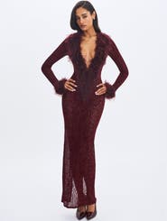 Miss Circle Luana Plunging Fur Trimmed Crochet Maxi Dress