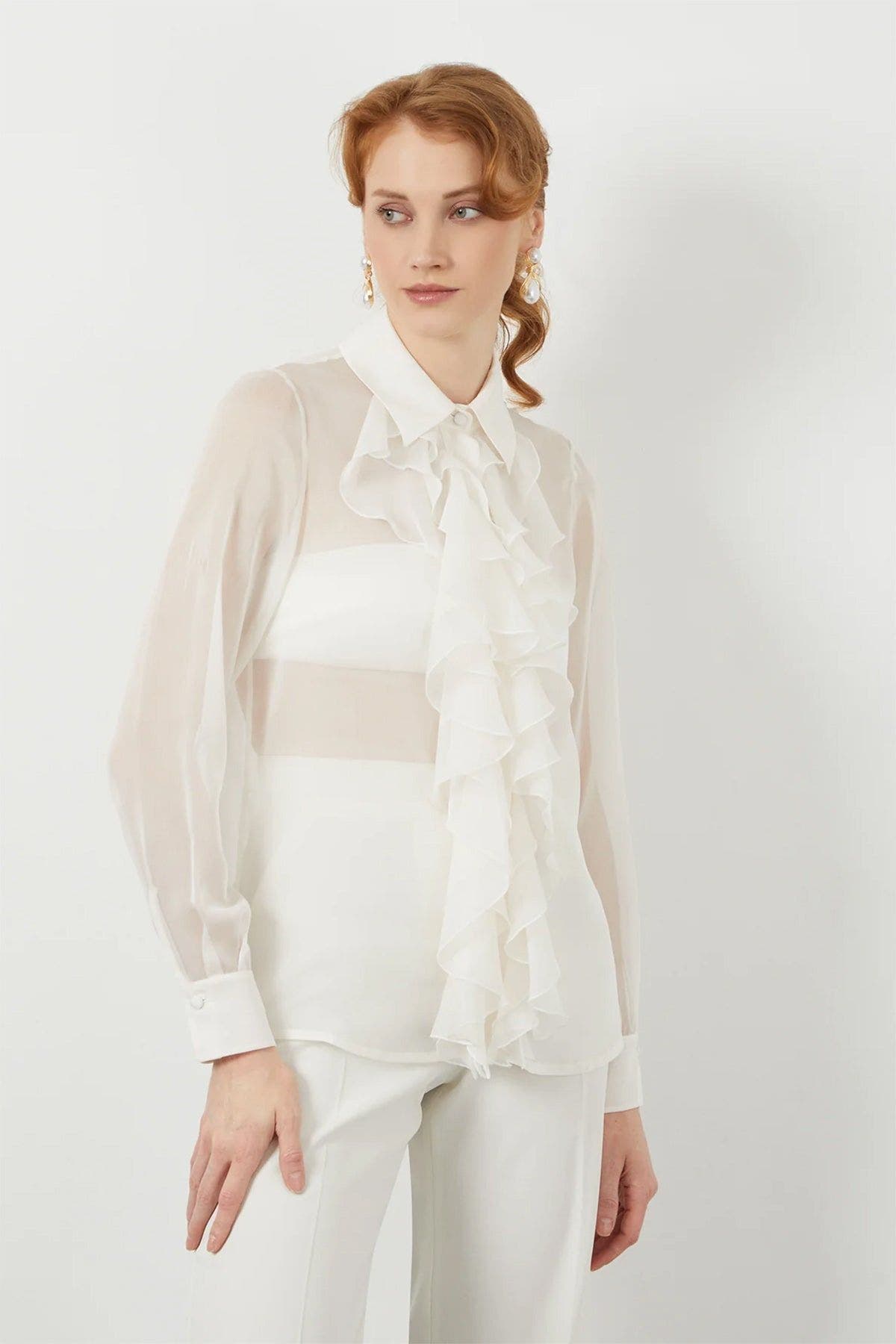 Sheer Ruffle Front Off-White Long-Sleeve Blouse - image 2