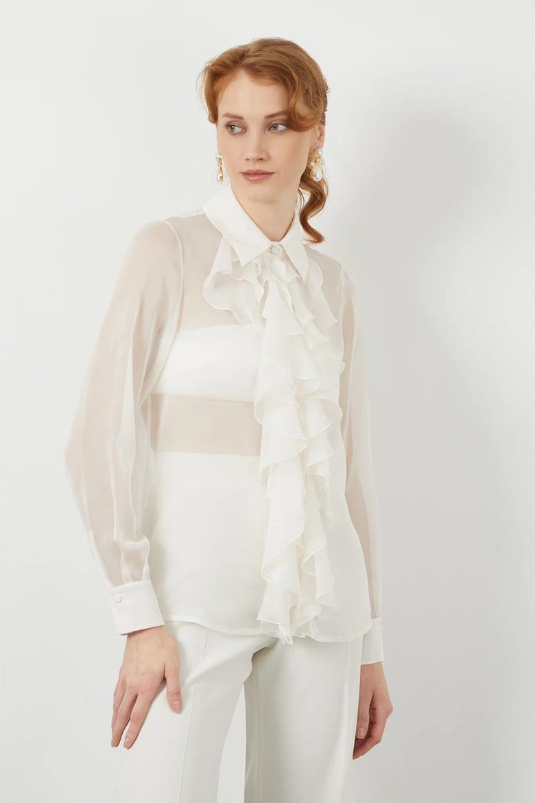 Sheer Ruffle Front Off-White Long-Sleeve Blouse, Alternate, color, Ecru