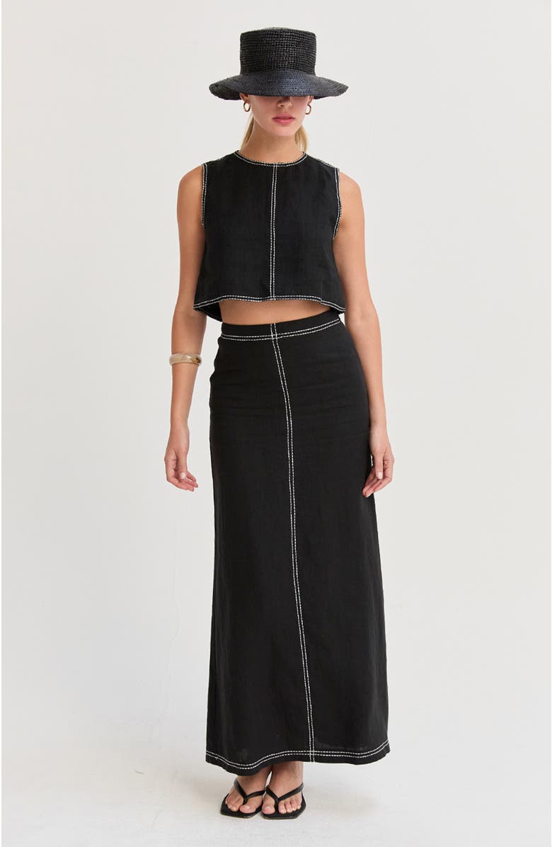 CRESCENT Embroidered Contrast Stitch  Linen Crop Top, Alternate, color, Black