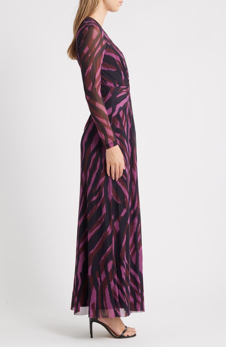 Anne Klein Abstract Print Twist Front Long Sleeve Mesh Maxi Dress, Alternate, color, Animal Stripes L230v01