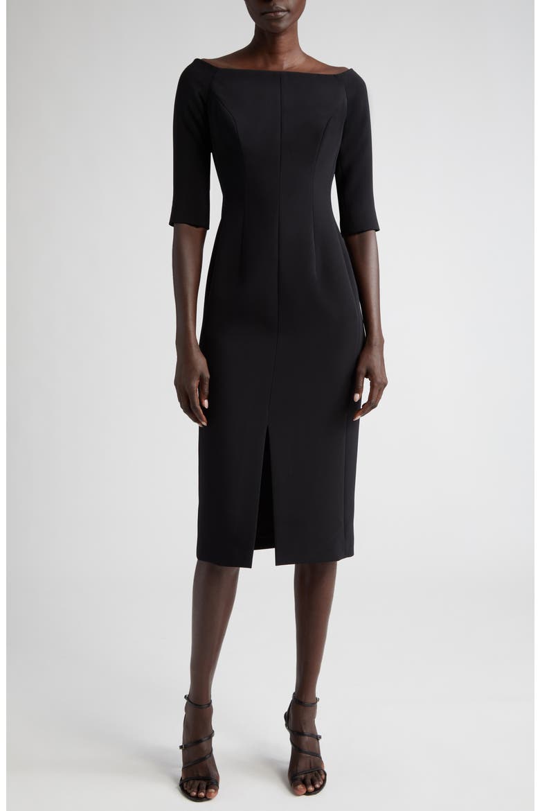 Off the Shoulder Crepe Sheath Dress, Main, color, BLACK
