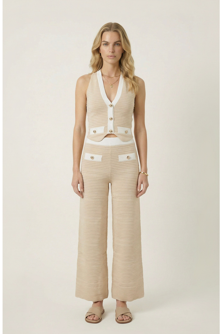 Ribbed Knit Vest and Wide Leg Pant Set, Main, color, Beige / White