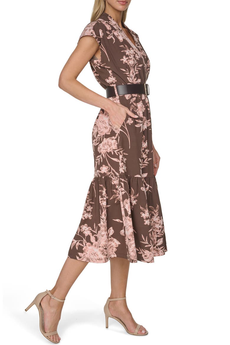 Belted A-Line Commuter Dress, Alternate, color, COFFEE BEAN/ DESERT ROSE MULTI