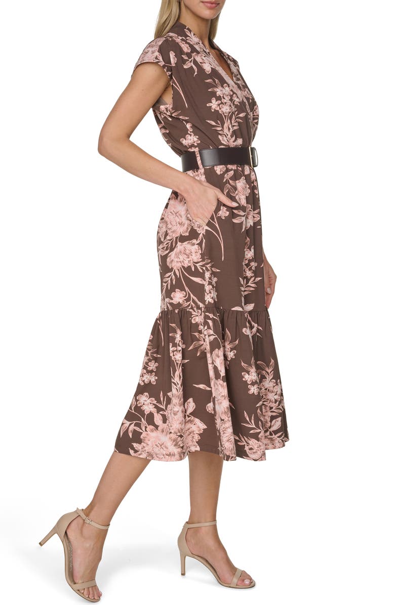 Calvin Klein Belted A-Line Commuter Dress, Alternate, color, Coffee Bean/ Desert Rose Multi