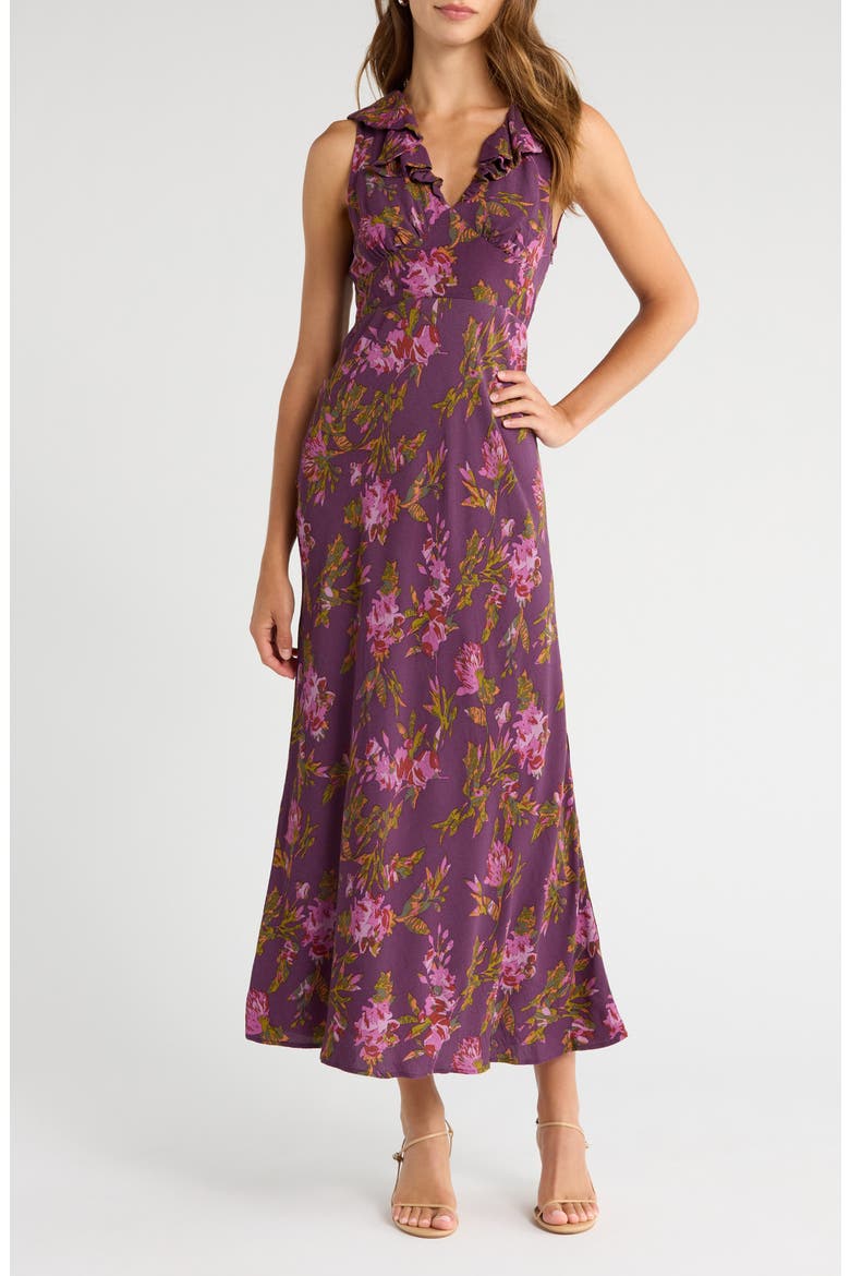 Ruffle Detail Sleeveless Midi Dress, Main, color, PURPLE- GREEN FERRAH BLOOM