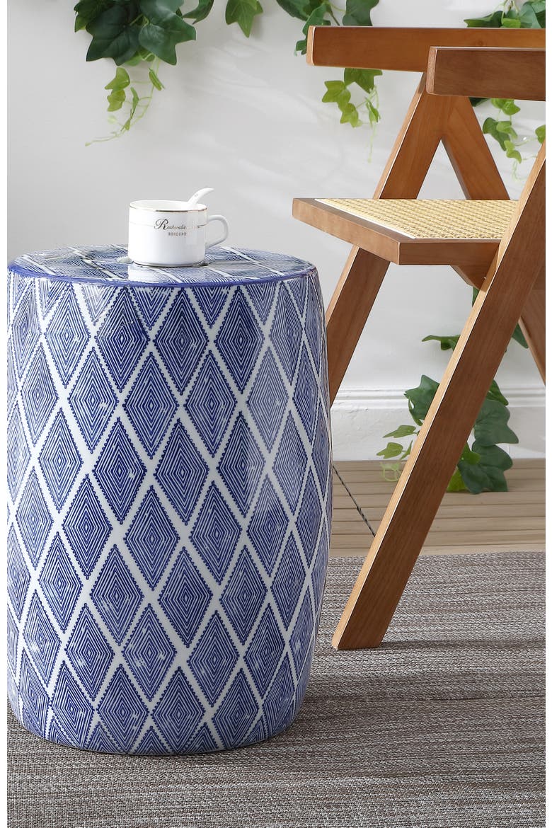 Moroccan Diamonds Bohemian Diamond Geometric Ceramic Indoor/Outdoor Garden Stool Decorative Patio Drum Accent Side Table, Alternate, color, Blue/White