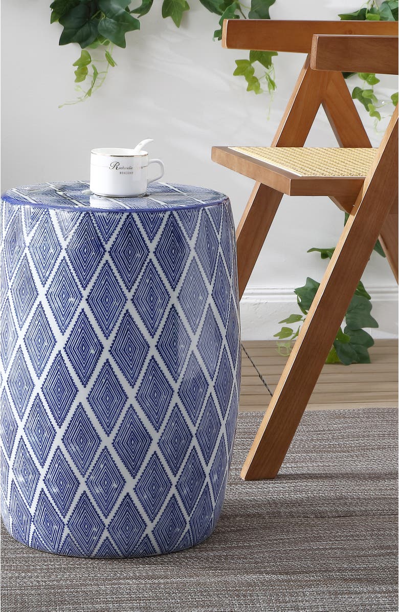 JONATHAN Y Moroccan Diamonds 18" Ceramic Drum Garden Stool, Alternate, color, Blue/White