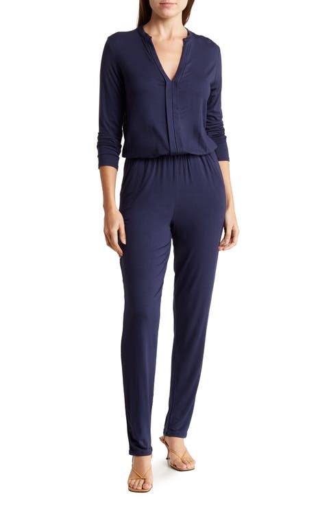 Split Neck Straight Leg Jumpsuit