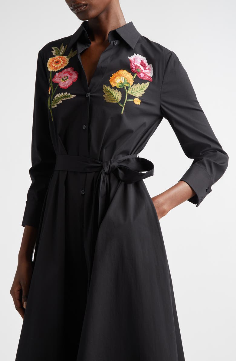 Carolina Herrera Poppy Embroidered Belted Stretch Poplin Shirtdress, Alternate, color, Black Multi
