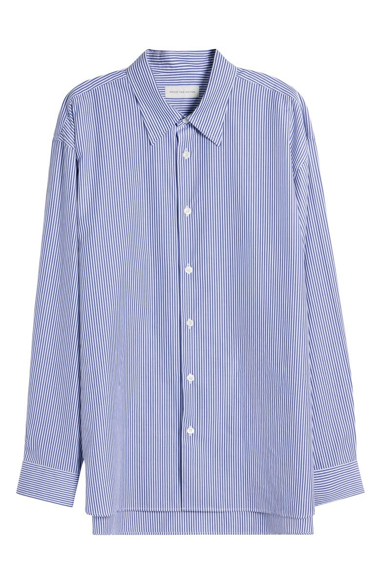 Dries Van Noten Croom Stripe Button-Up Shirt, Alternate, color, Navy