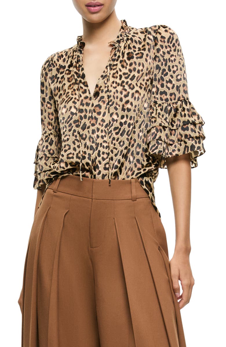 Alice + Olivia Willa Leopard Print Tiered Sleeve Top, Main, color, 