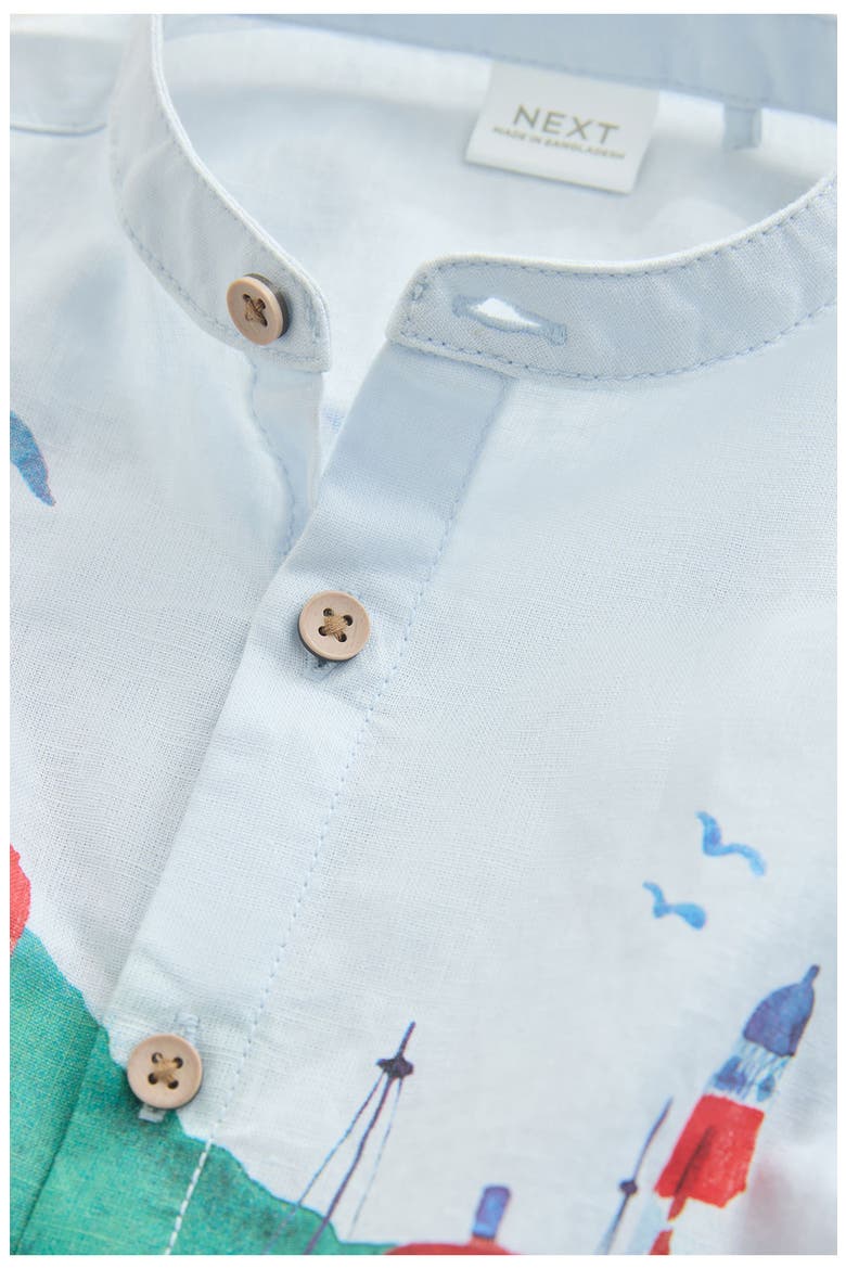 Kids' Seaside Print Grandad Collar Short Sleeve Button-Up Shirt, Alternate, color, BLUE