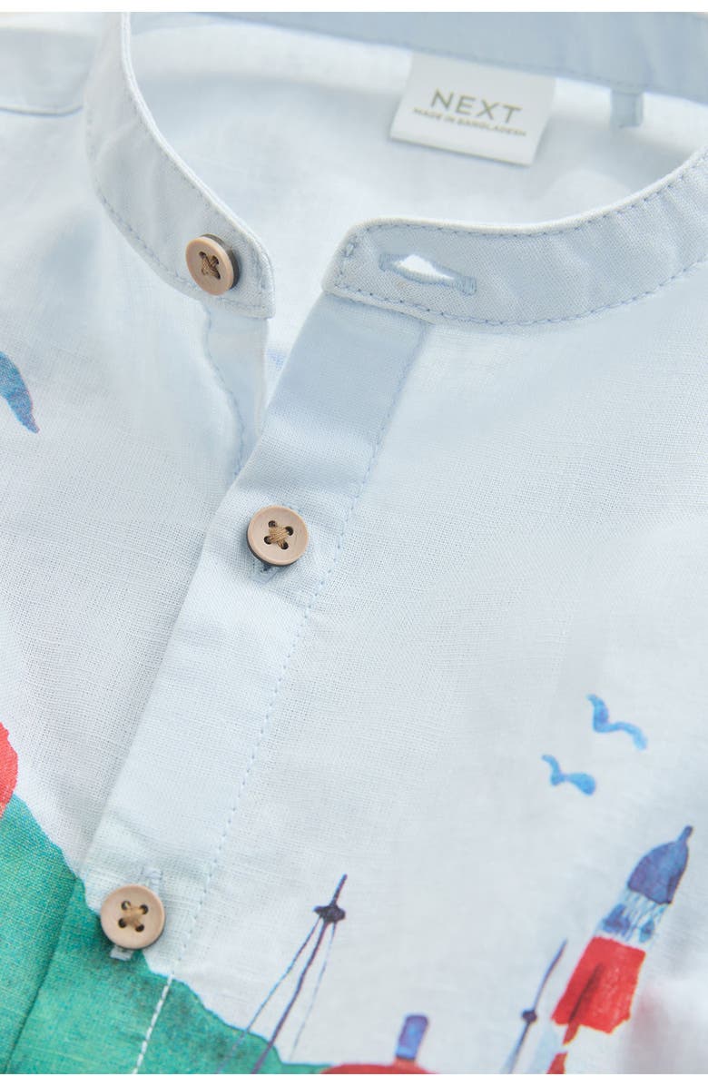 NEXT Kids' Seaside Print Grandad Collar Short Sleeve Button-Up Shirt, Alternate, color, Blue
