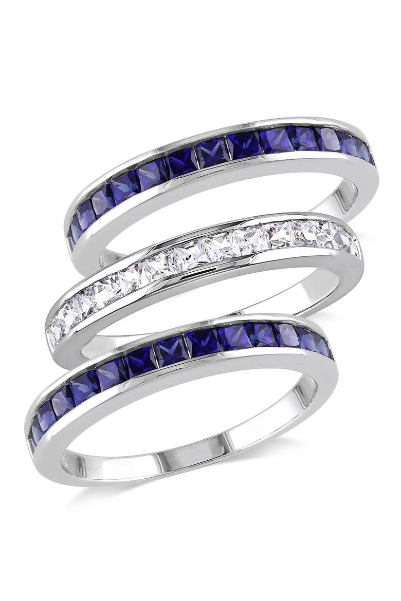 Set of 3 Sterling Silver Lab Created Blue & White Sapphire Rings, Main, color, BLUE