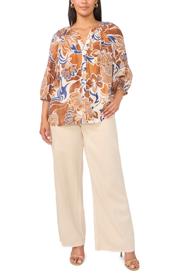 Floral Raglan Balloon Sleeve Button-Up Top, Alternate, color, BONE WHITE