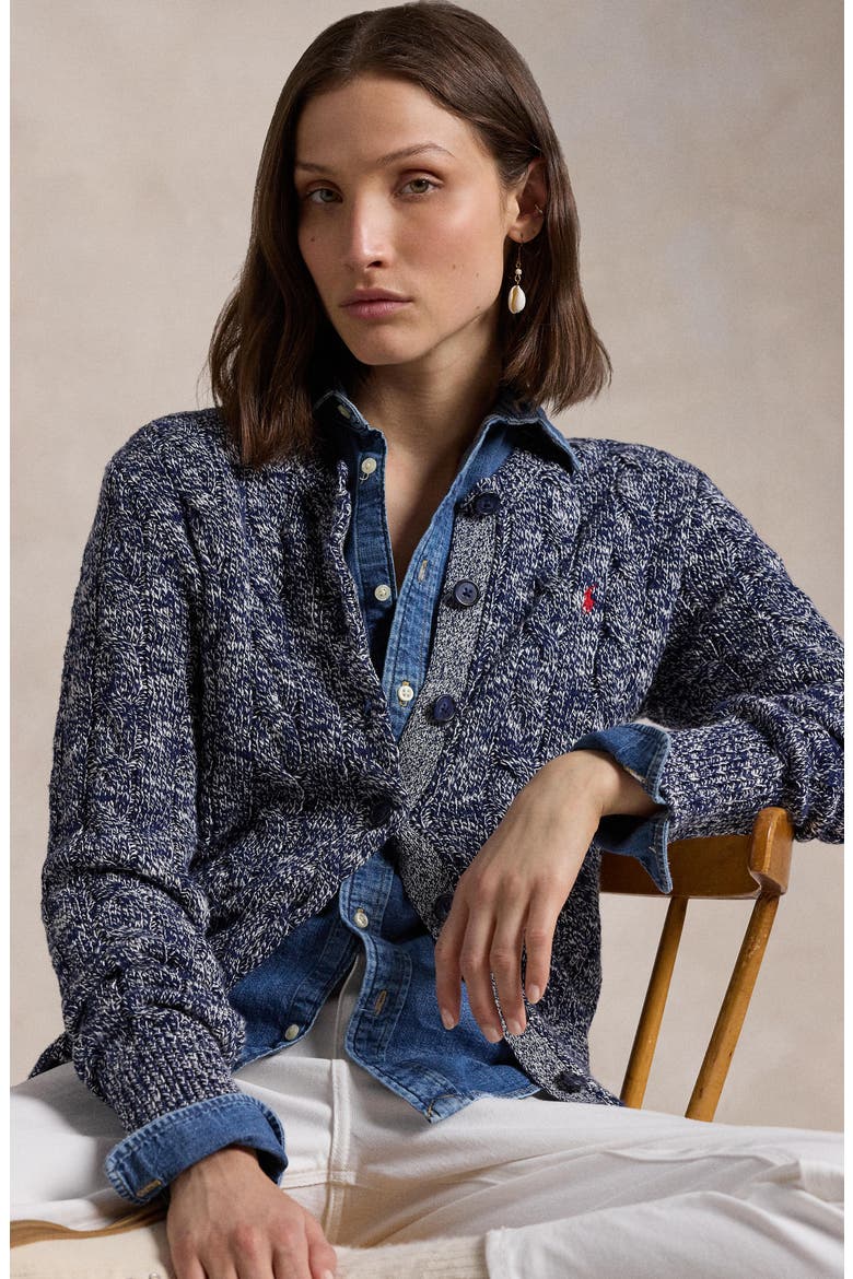 Cable Stitch Cotton Cardigan, Alternate, color, NAVY/CREAM