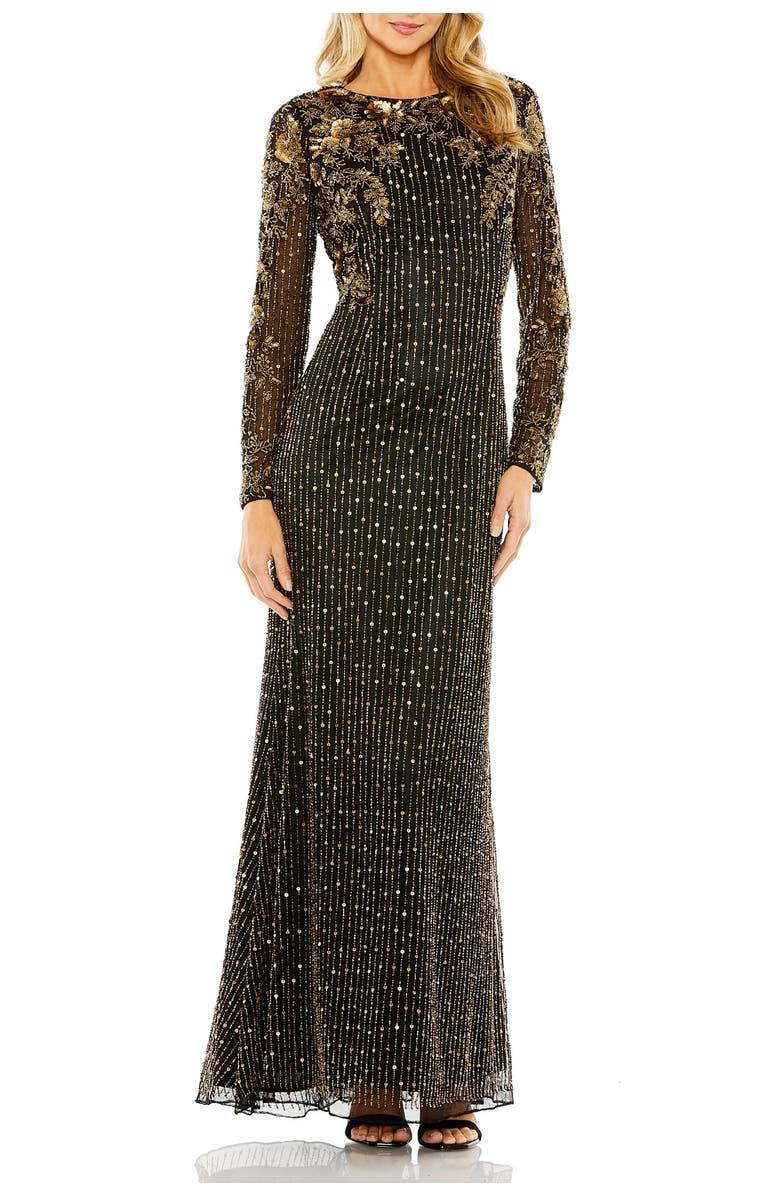 Mac Duggal High Neck Long Sleeve Embellished Gown, Main, color, Black Gold