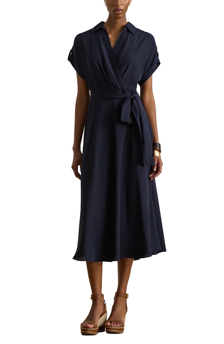 Lauren Ralph Lauren Fratillo Short Sleeve Crêpe de Chine Shirtdress, Main, color, Lighthouse Navy Blue