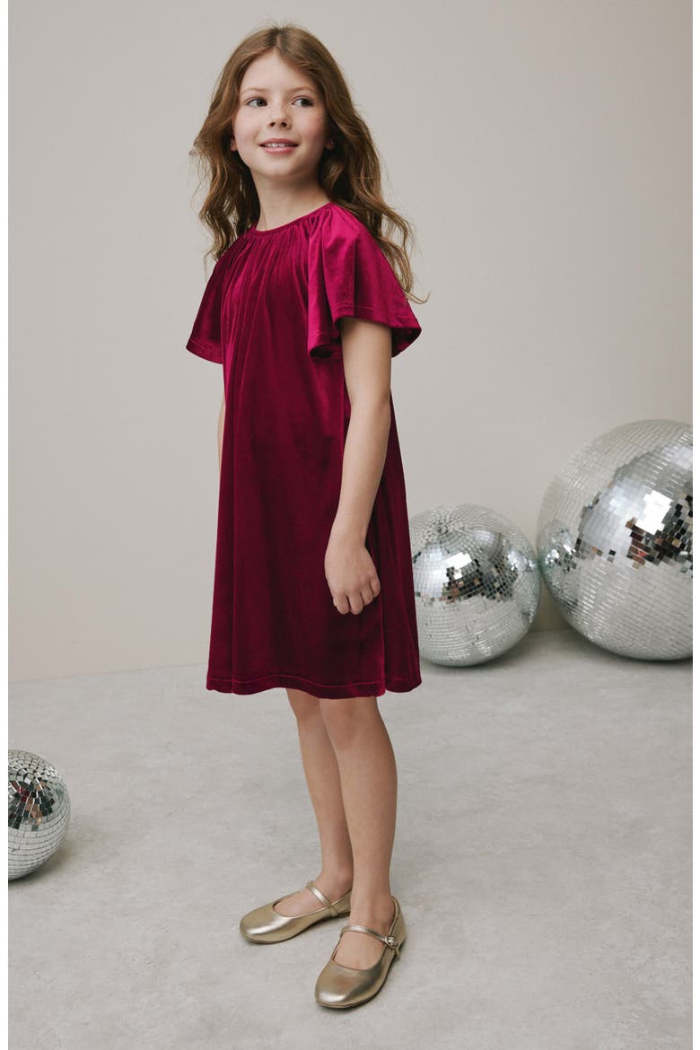 Kids' Flutter Sleeve Velvet Dress, Alternate, color, RED