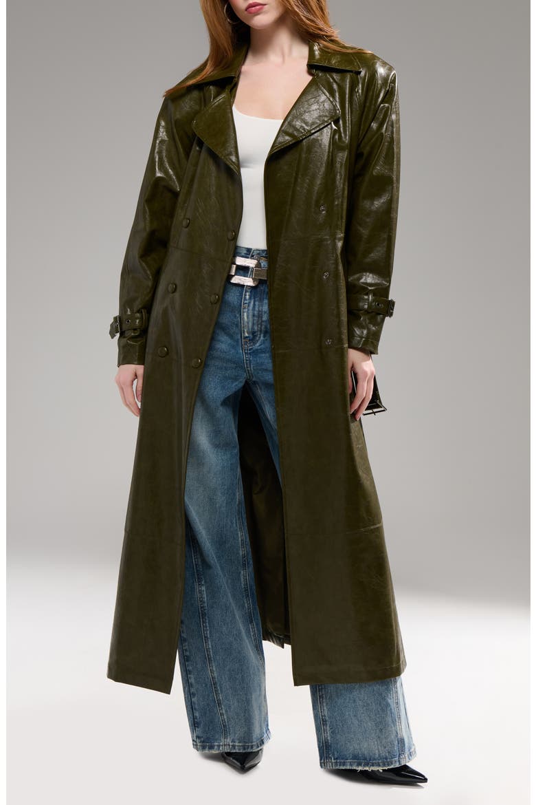 Coren Faux Leather Trench Coat, Alternate, color, OLIVE