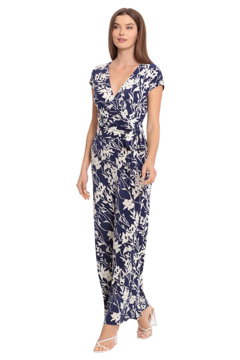 Floral Cap Sleeve Wrap Tie Jumpsuit, Alternate, color, NAVY/IVORY