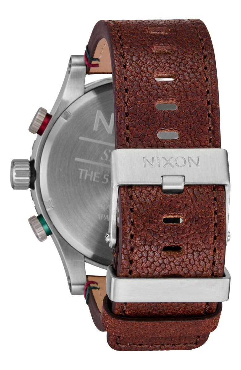 Nixon 51-30 Chronograph Leather Strap Watch, 51mm, Alternate, color, Silver / Rosewood / Chocolate