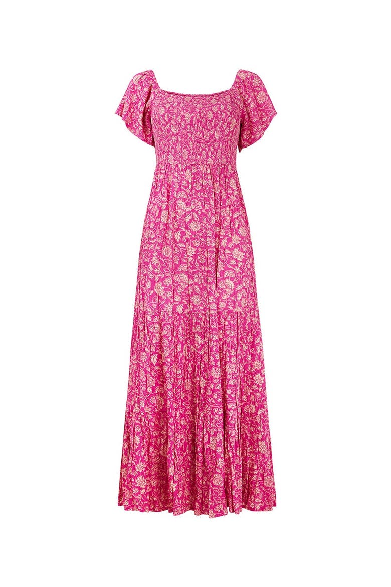 Square Neck Smocked Crinkle Maxi Dress, Alternate, color, FUCHSIA BATIK FLORAL