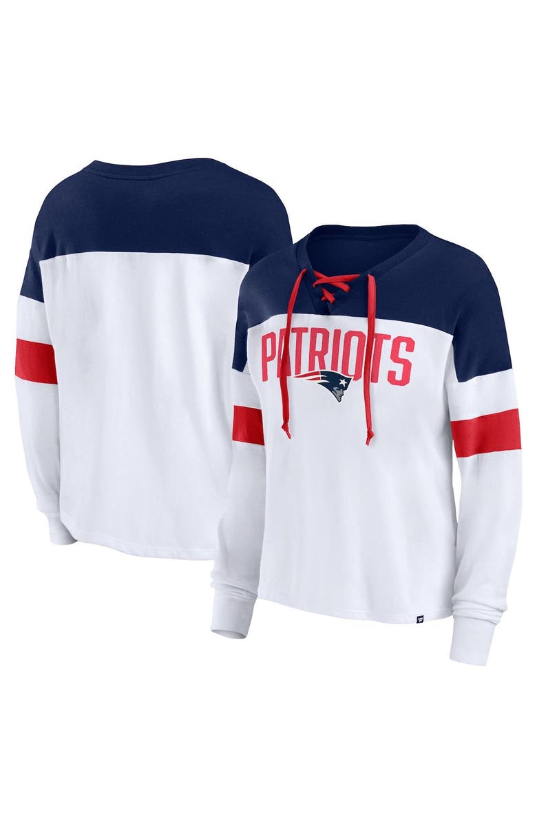 FANATICS Women's Fanatics Branded White/Navy New England Patriots Even Match Lightweight Lace-Up Long Sleeve Top, Main, color, 