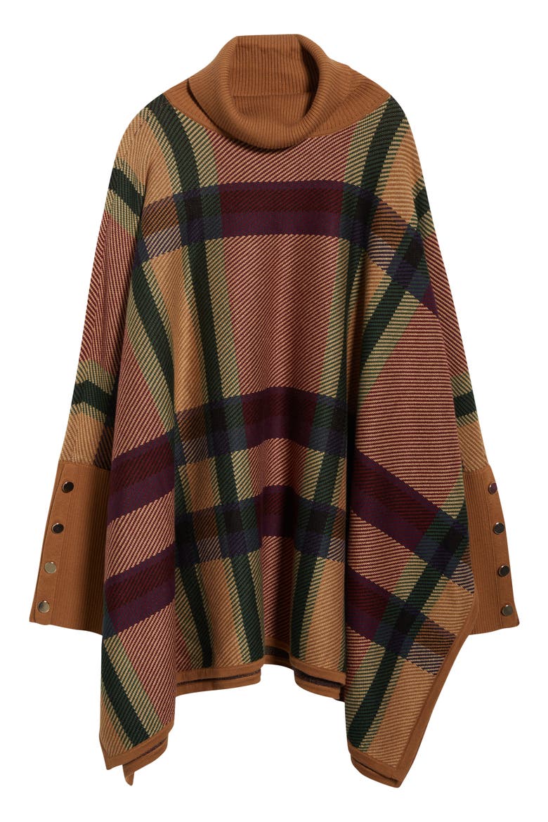 Plaid Jacquard Turtleneck Poncho, Alternate, color, CARAMEL MULTI
