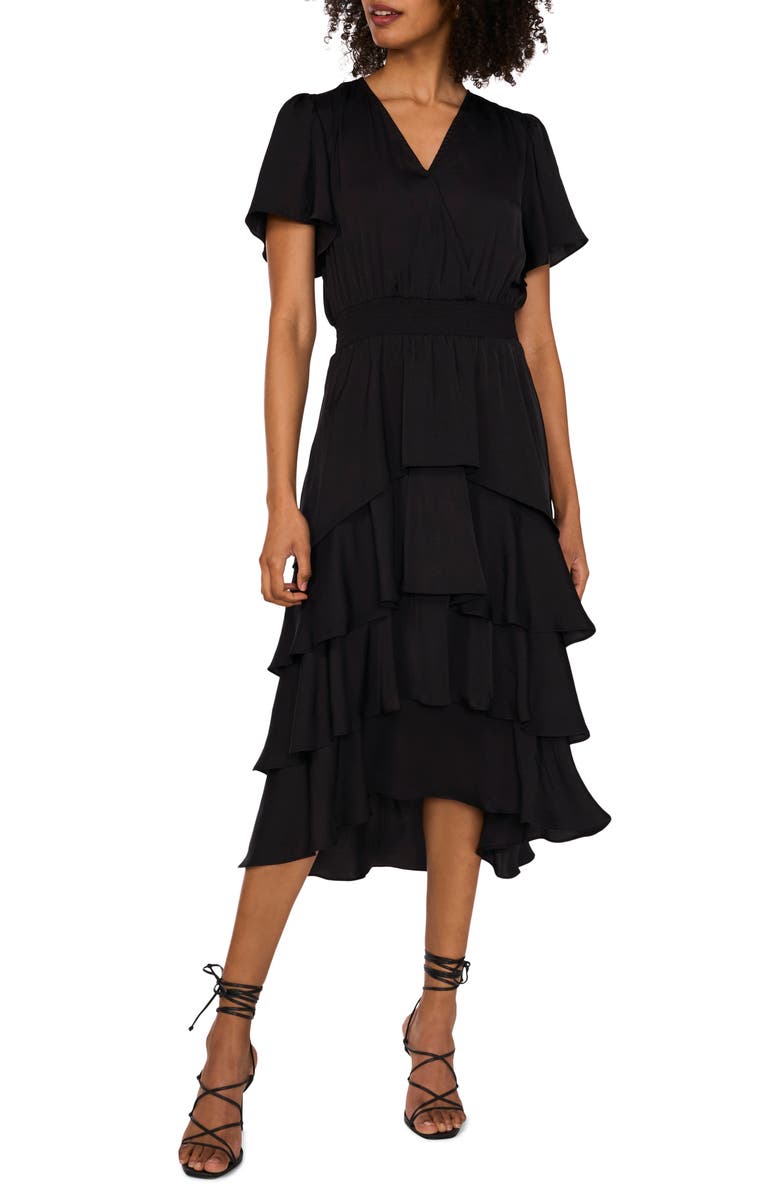 Vince Camuto Flutter Sleeve Tiered Dress, Main, color, Rich Black