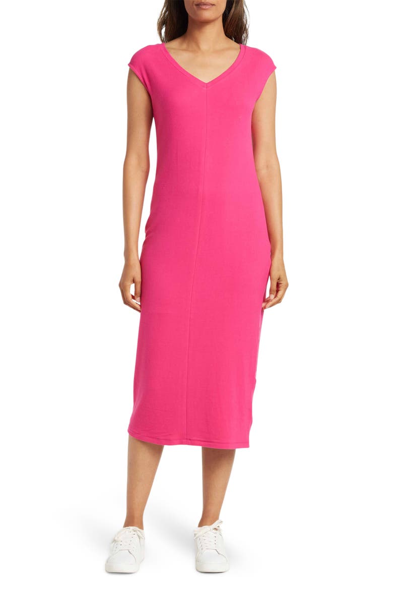 Philosophy Cashmere Cap Sleeve V-Neck Midi Dress, Main, color, CERISE