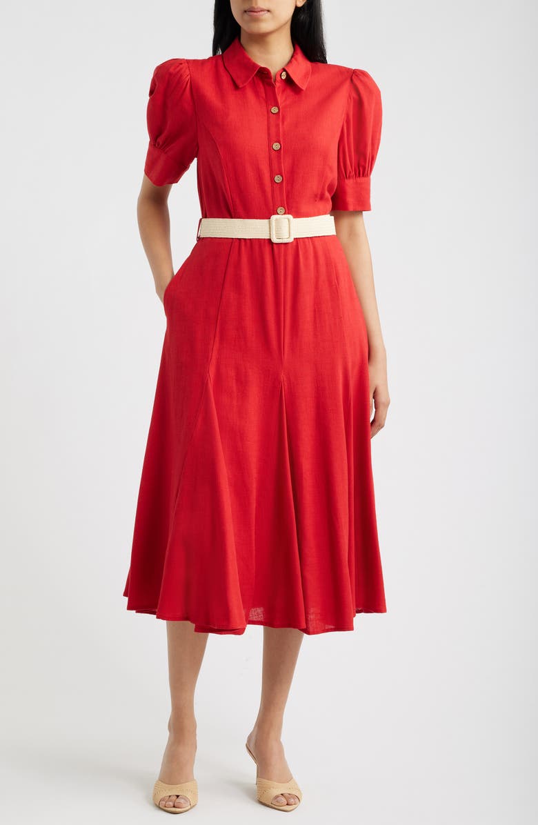Tahari ASL Fit & Flare Midi Shirtdress, Main, color, Baked Red
