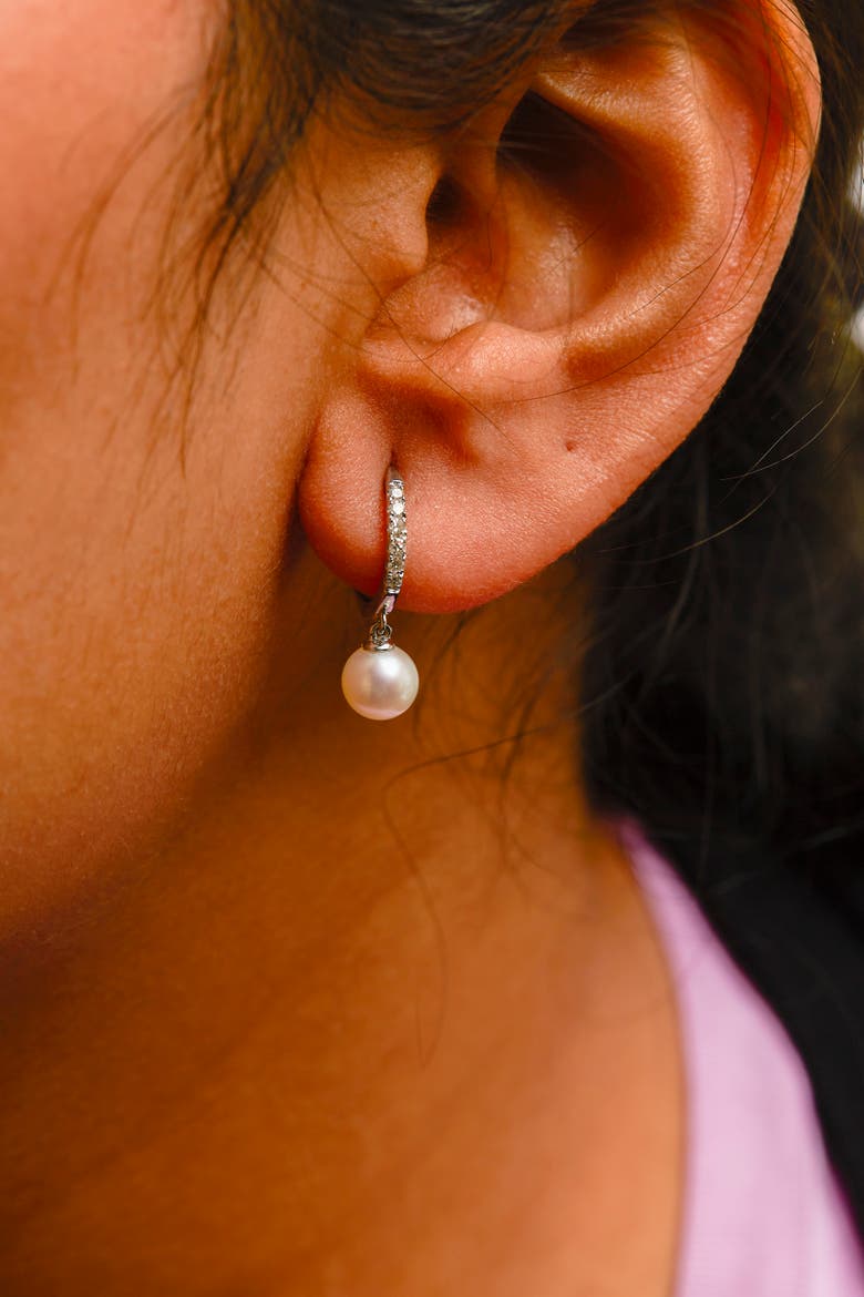 10K White Gold Cultured Freshwater Pearl and Diamond Accent Drop Earring, Alternate, color, White