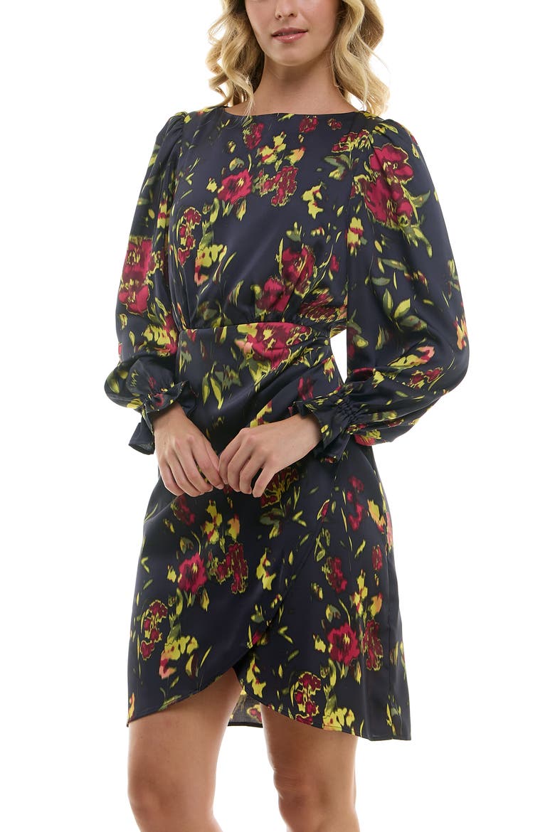 Floral Faux Wrap Minidress, Alternate, color, DEEP NAVY PRINT