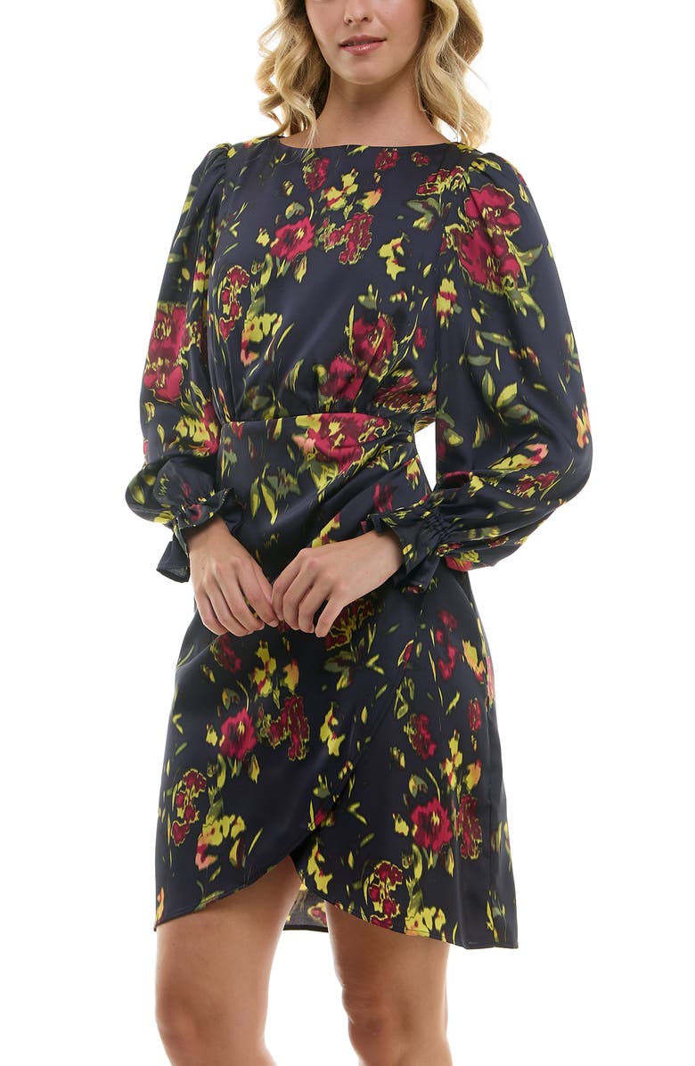 Nicole Miller Floral Faux Wrap Minidress, Alternate, color, Deep Navy Print