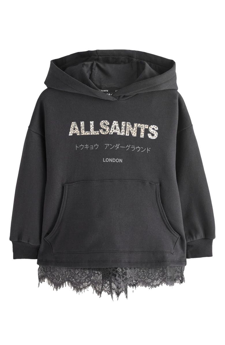 smALLSAINTS by ALLSAINTS Kids' Lace Trim Split Back Cotton Blend Hoodie, Main, color, Black