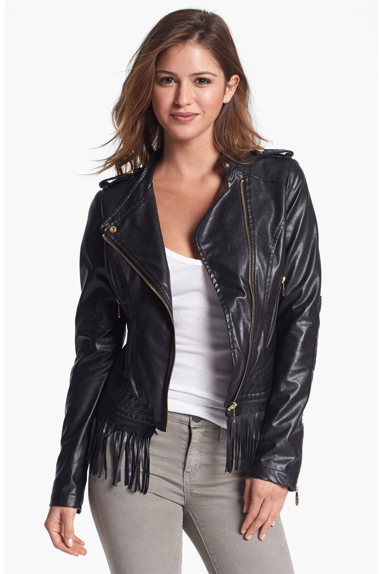 Fringe Trim Faux Leather Jacket, Main, color, BLACK