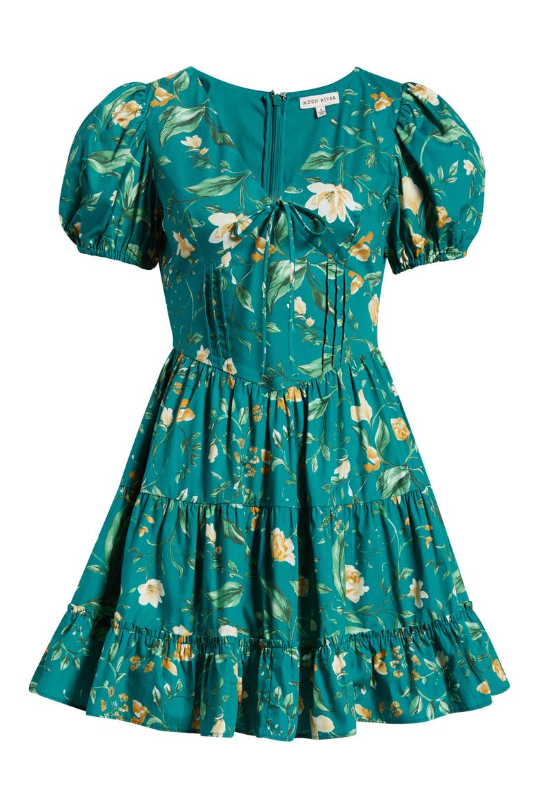 Floral Pintuck Puff Sleeve Cotton Fit & Flare Sundress, Alternate, color, GREEN MULTI