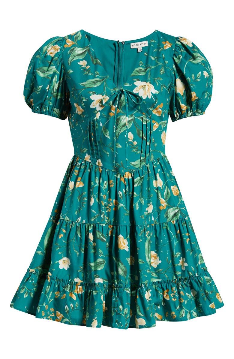 MOON RIVER Floral Pintuck Puff Sleeve Cotton Fit & Flare Sundress, Alternate, color, Green Multi