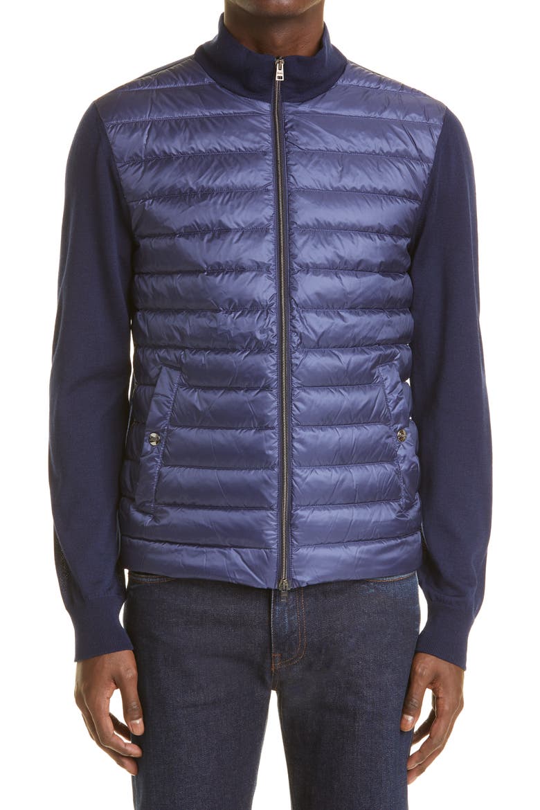 Quilted Down Front Wool & Silk Cardigan, Main, color, BLU NAVY