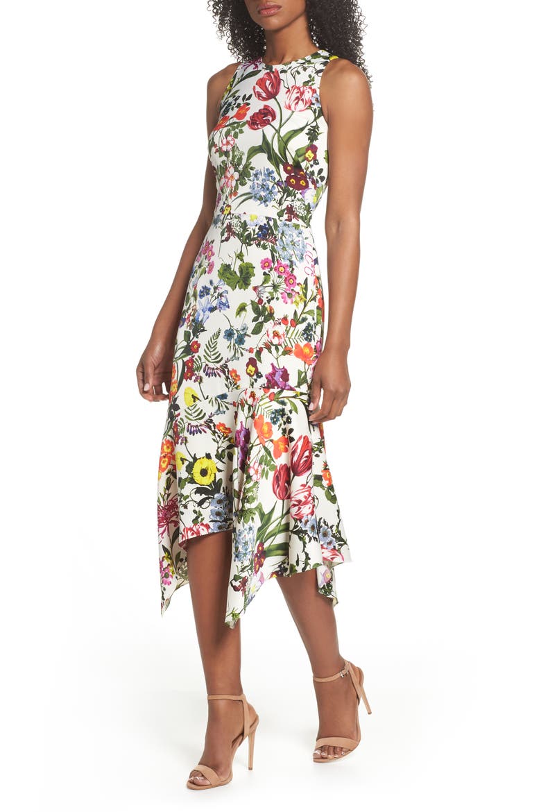 Botanical Print Charmeuse Midi Dress, Main, color, SOFT WHITE/ MULTI