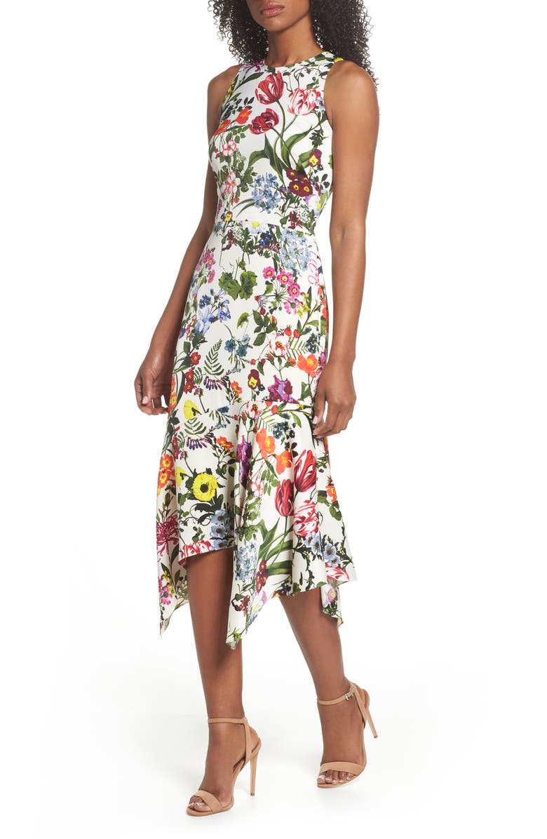 Maggy London Botanical Print Charmeuse Midi Dress, Main, color, 