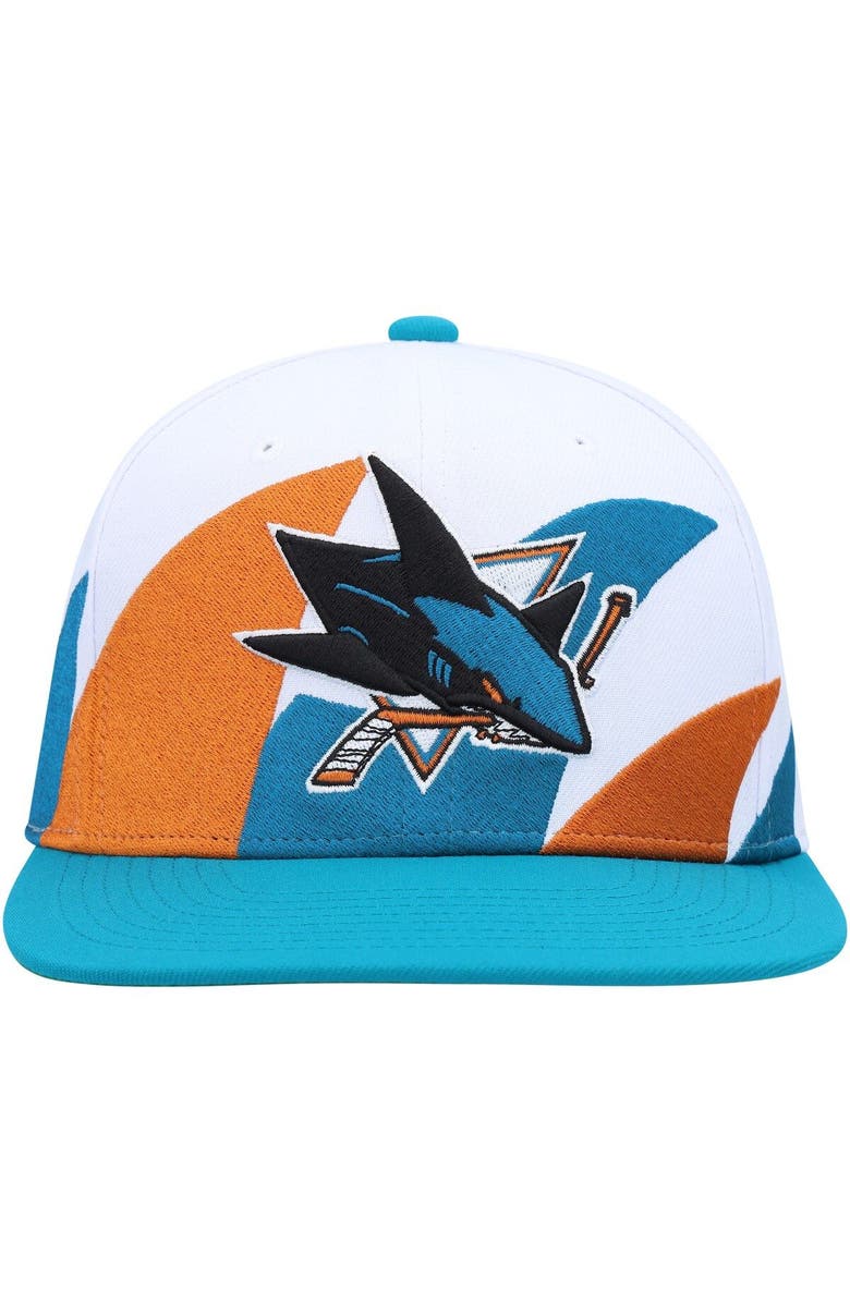 Mitchell & Ness Men's Mitchell & Ness White/Aqua San Jose Sharks Vintage Sharktooth Snapback Hat, Alternate, color,