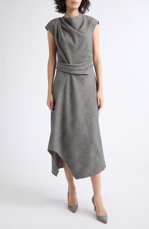 Clara Glen Plaid Asymmetric Hem Wool Blend Dress