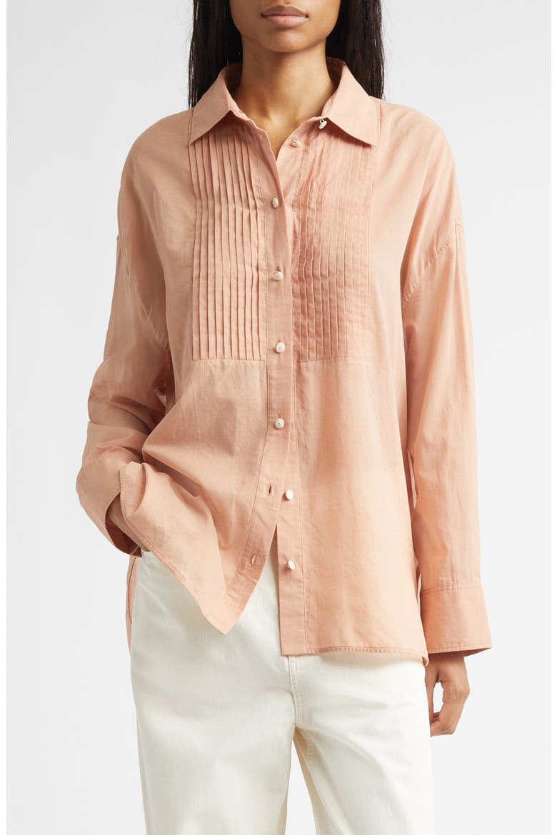 Journey Pleated Bib Oversize Button-Up Shirt, Main, color, DUSTY CORAL
