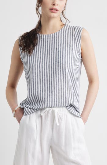 Caslon ® Stripe Cap Sleeve Linen Blend Top In Blue
