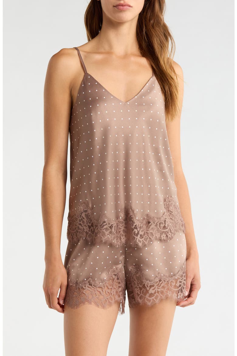 Lace Trim Satin Shortie Pajamas, Main, color, BROWN- IVORY PIN DOT